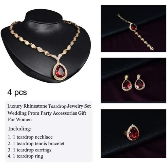 gold crystal statement necklace earrings set for women wedding prom jewelry - Picture 5 of 7